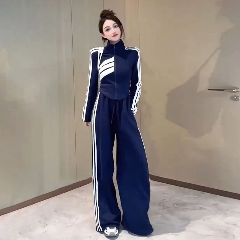 2024新款欧风韩版女士休闲运动套装立领修身显瘦上衣搭配阔腿裤两