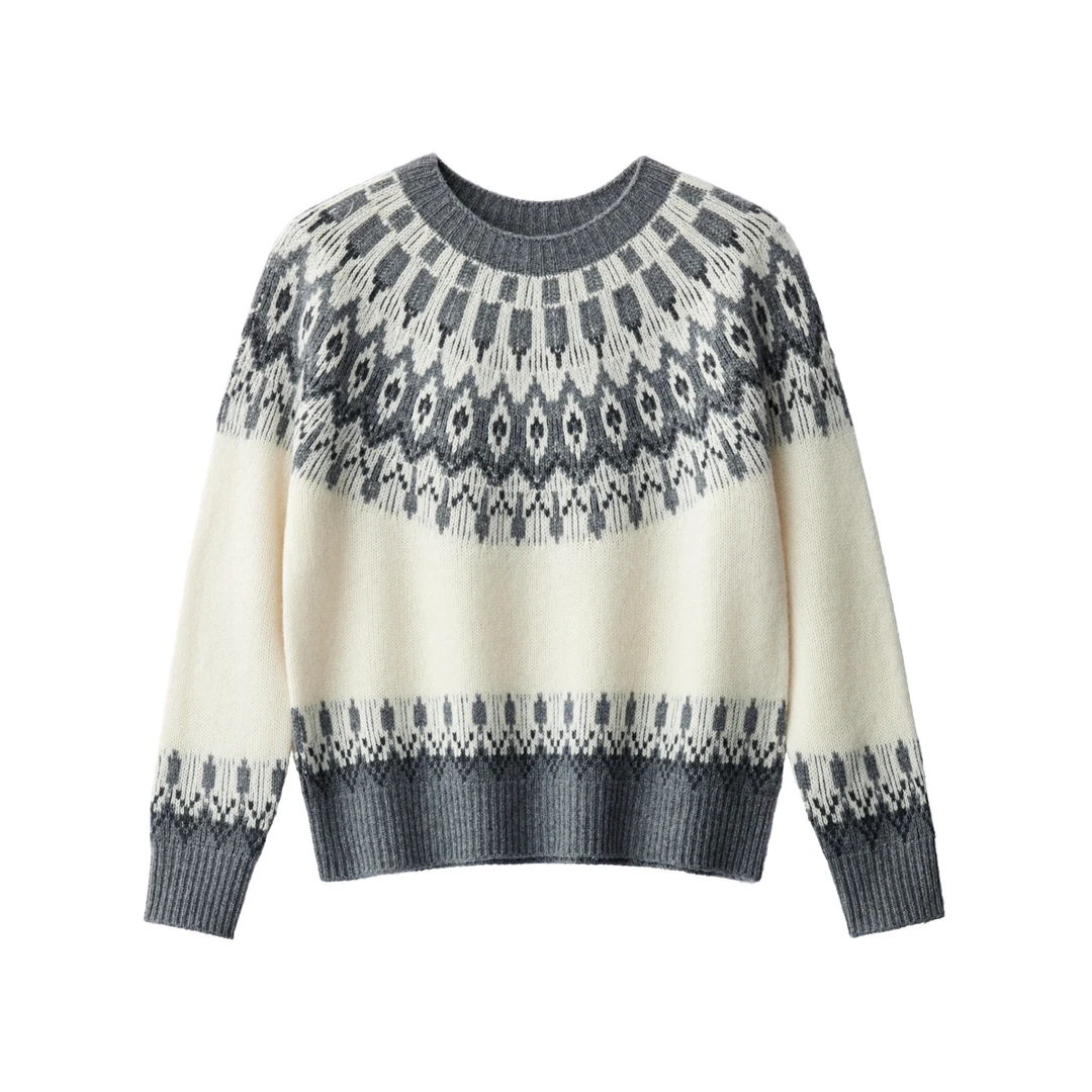 【七爷May专属】100%绵羊毛撞色北欧费尔岛提花毛衣圆领复古针织衫
