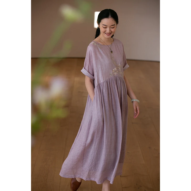牧衣游原创设计女装精工手绣柔韧夏【苗绣柞蚕丝连衣裙】日落的云