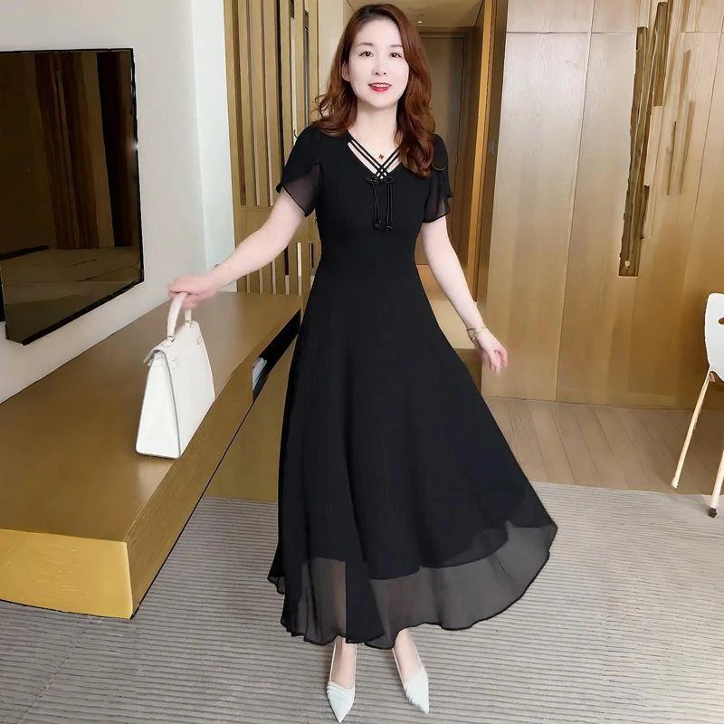 新中式妈妈装雪纺连衣裙2025夏季时尚修身气质收腰显瘦中长款裙子