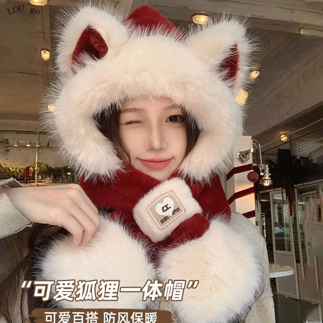 冬季毛绒帽子女秋冬保暖可爱围巾一体护耳帽冬天