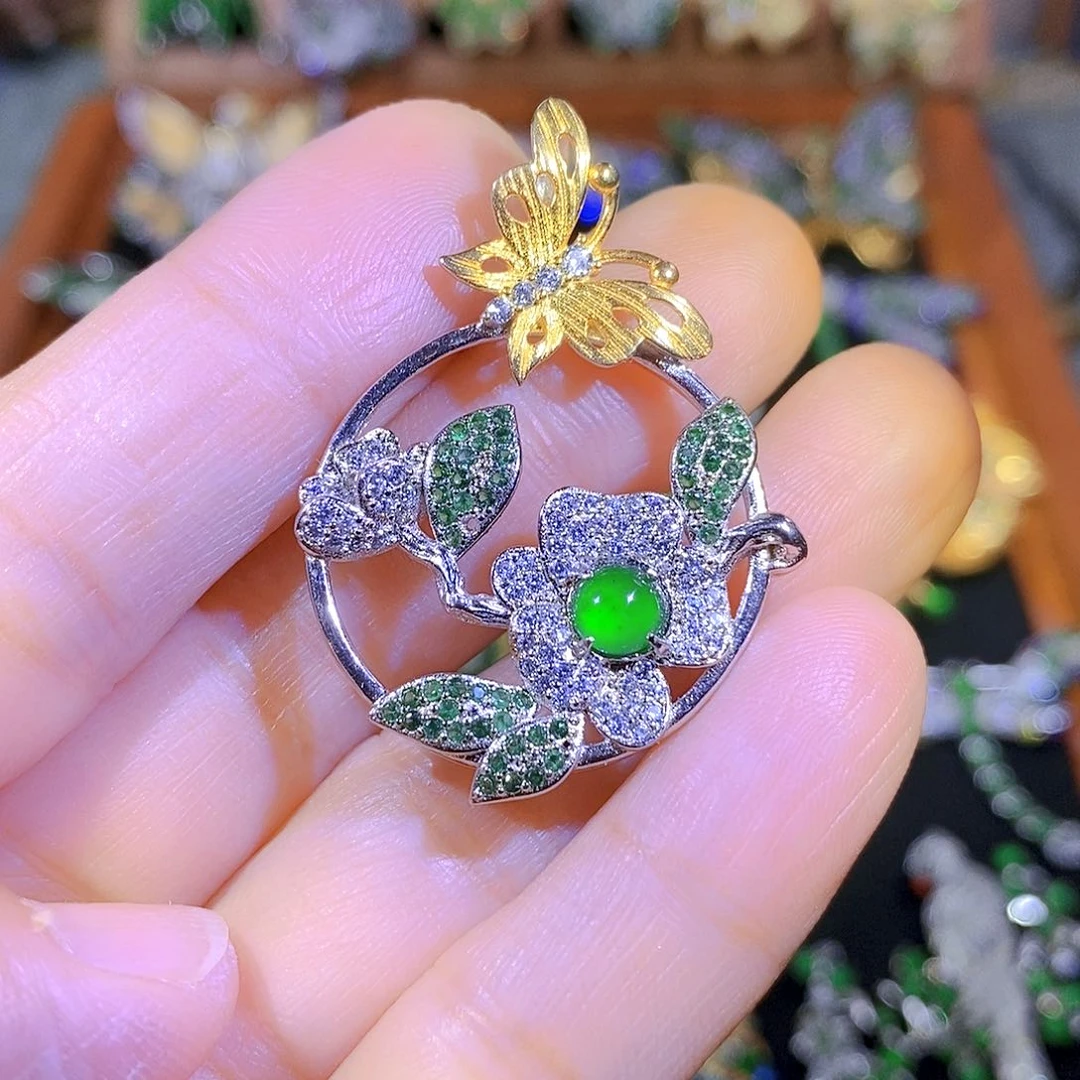 吊坠(不含链)银S925镶嵌翡翠