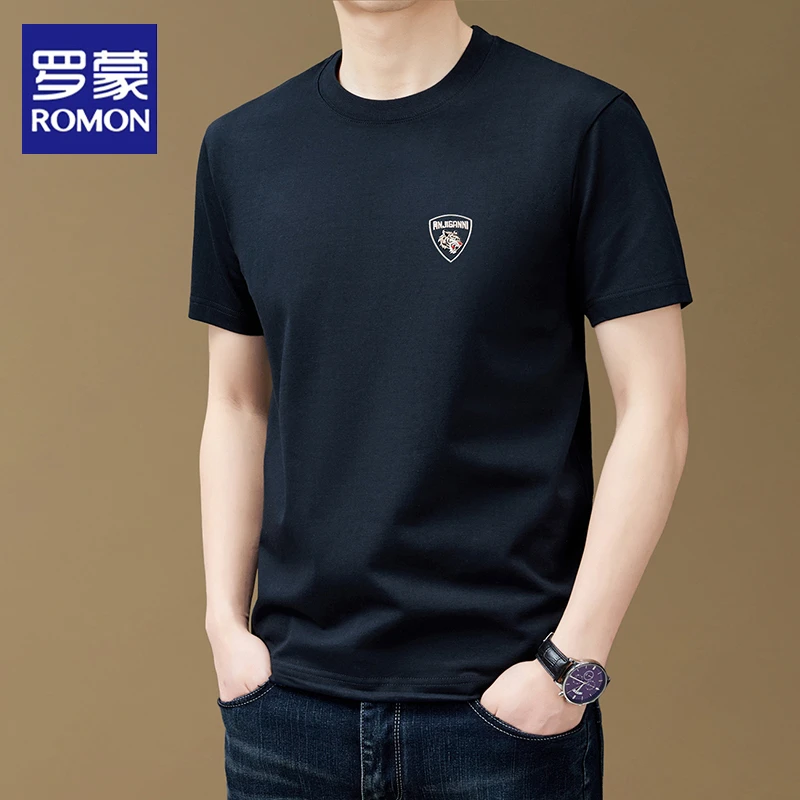 罗蒙100%全棉男士短袖t恤夏季薄款圆领上衣潮流印花半袖体恤小衫