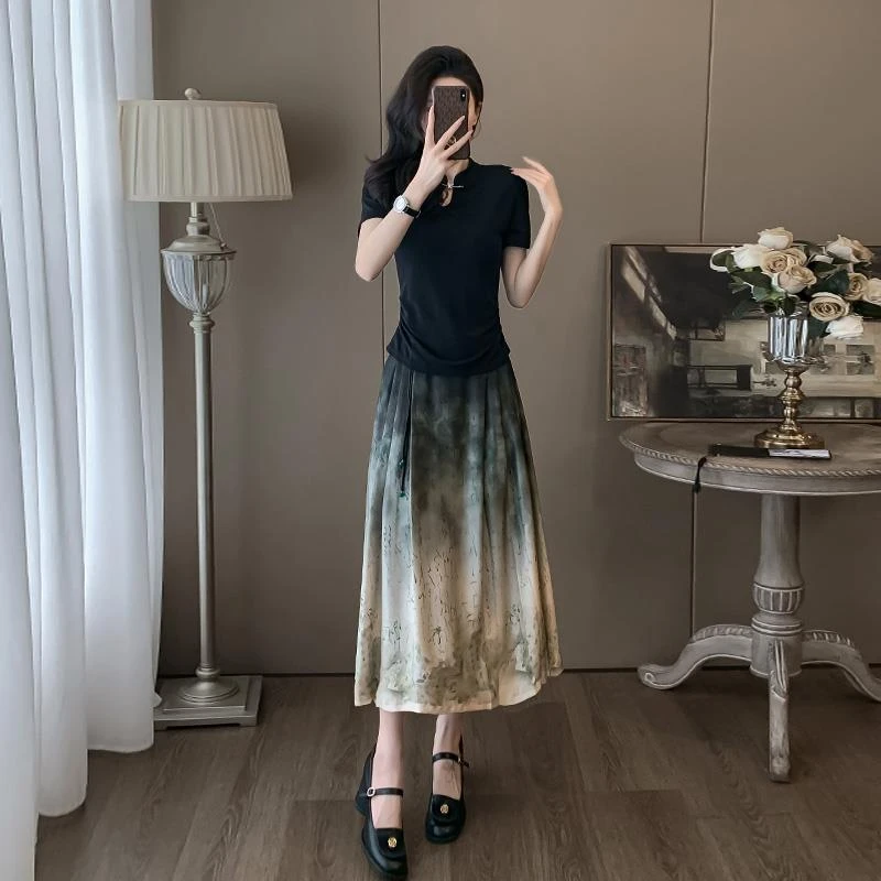 新中式国风套装女夏季2025新款显瘦气质修身短袖水墨半身裙两件套