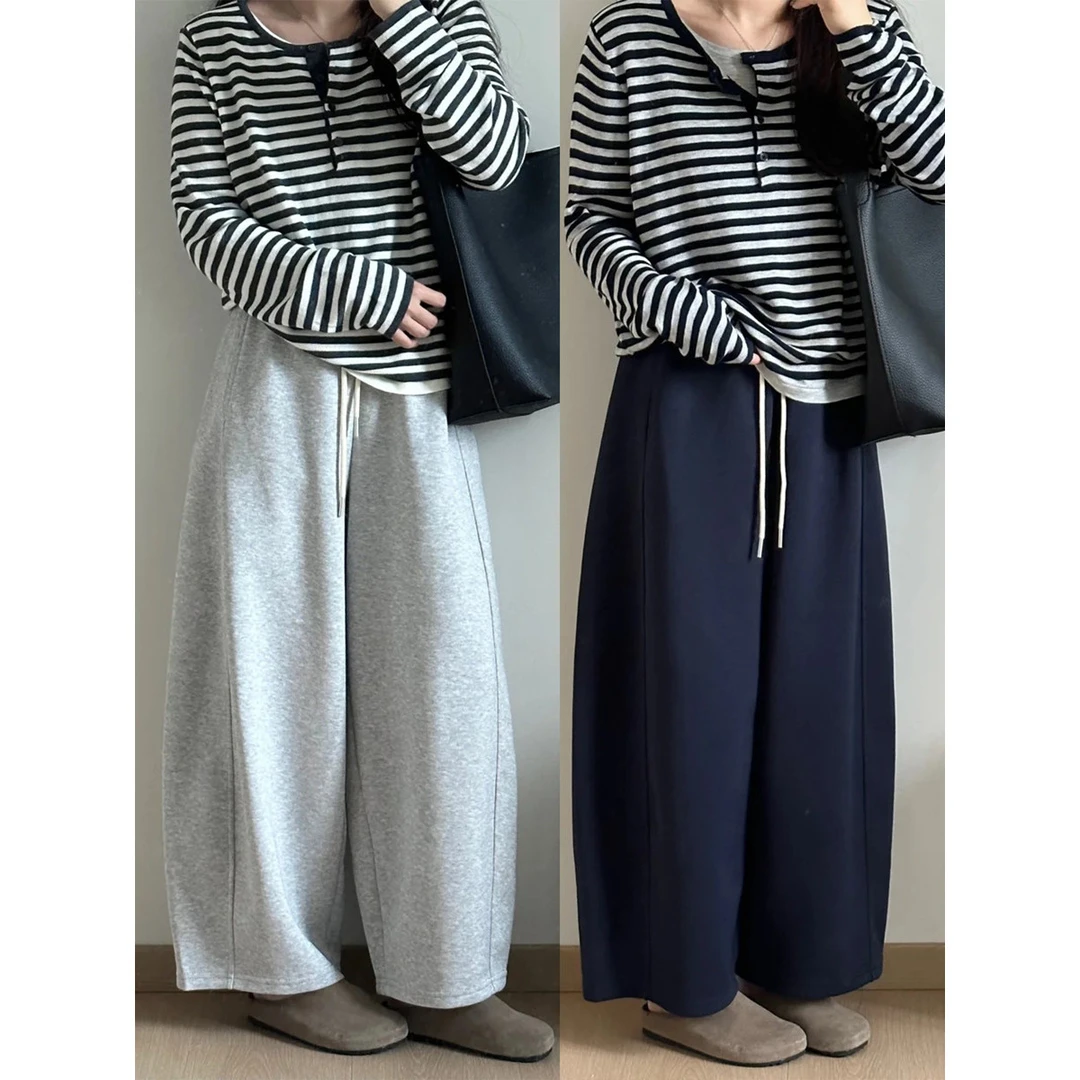 秋冬2025新款藏青色女款弯刀卫裤高腰显瘦休闲百搭宽松运动阔腿裤