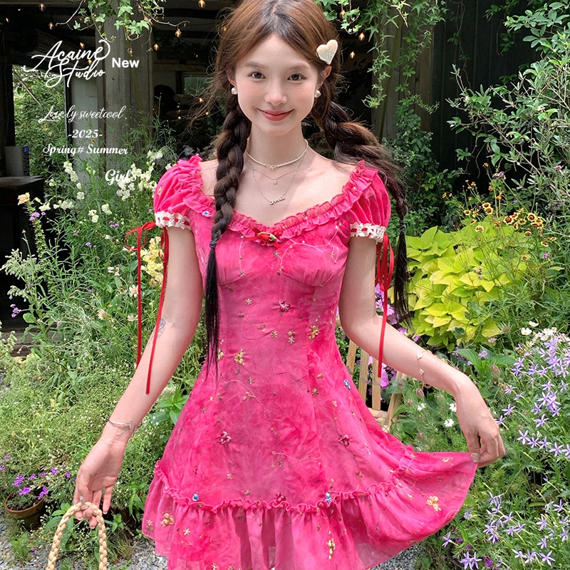 Acaine 奥法庄园 夏季气质显瘦少女短款修身玫红扎染刺绣连衣裙