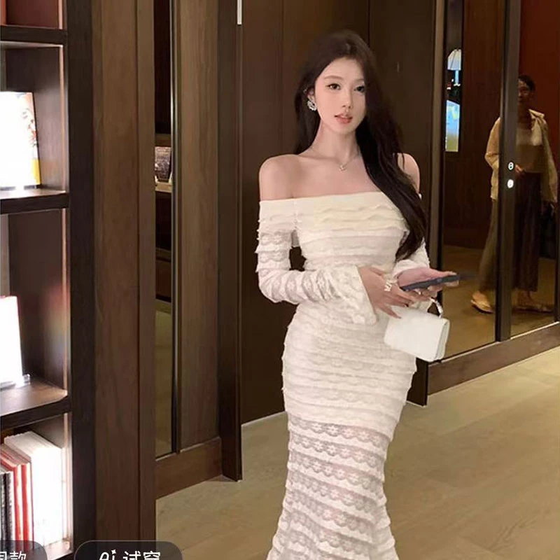 2025秋季新款性感辣妹高级感气质一字肩蕾丝连衣裙设计包臂鱼尾裙