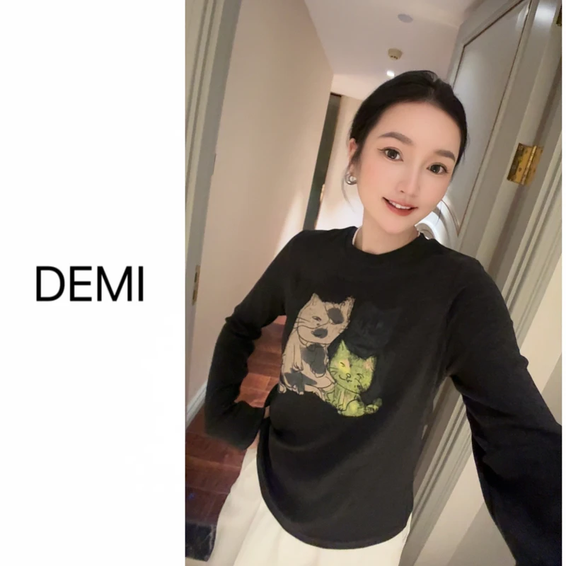 MISS RUILI 定制 新款设计感卡通猫咪印花圆领长袖短袖T恤F1121