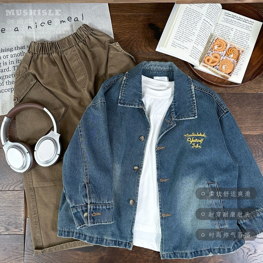 阿又秋季童装儿童男童中大童日系刺绣牛仔外套99030Q