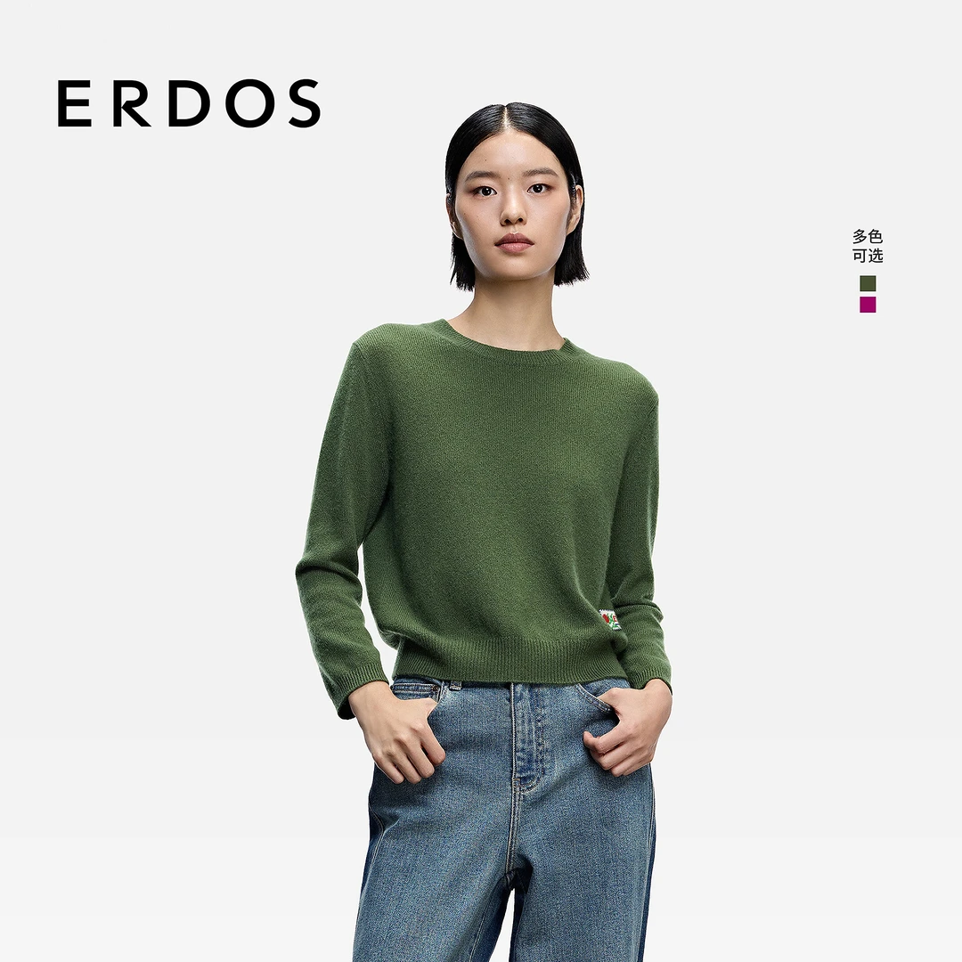 ERDOS 圆领中袖羊绒套衫25年秋冬新品装饰女士纯色打底上衣
