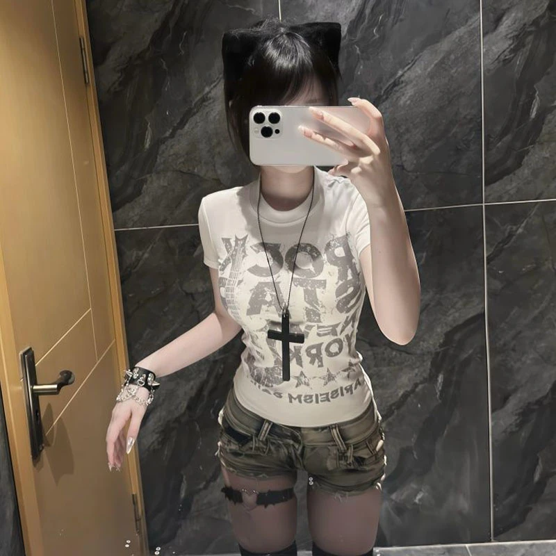 美式复古印花正肩短袖T恤女夏季新款辣妹修身显瘦圆领白色上衣ins