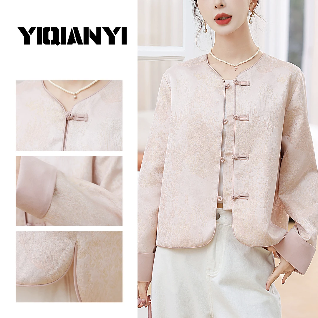 短款新中式提花春季女宽袖短外套宽松中国风唐装外套茶服立领