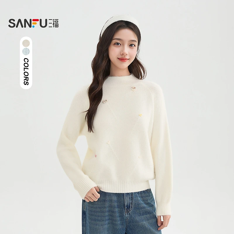 三福毛衣2025冬季半高领软糯宽松圆领保暖上衣女装518901
