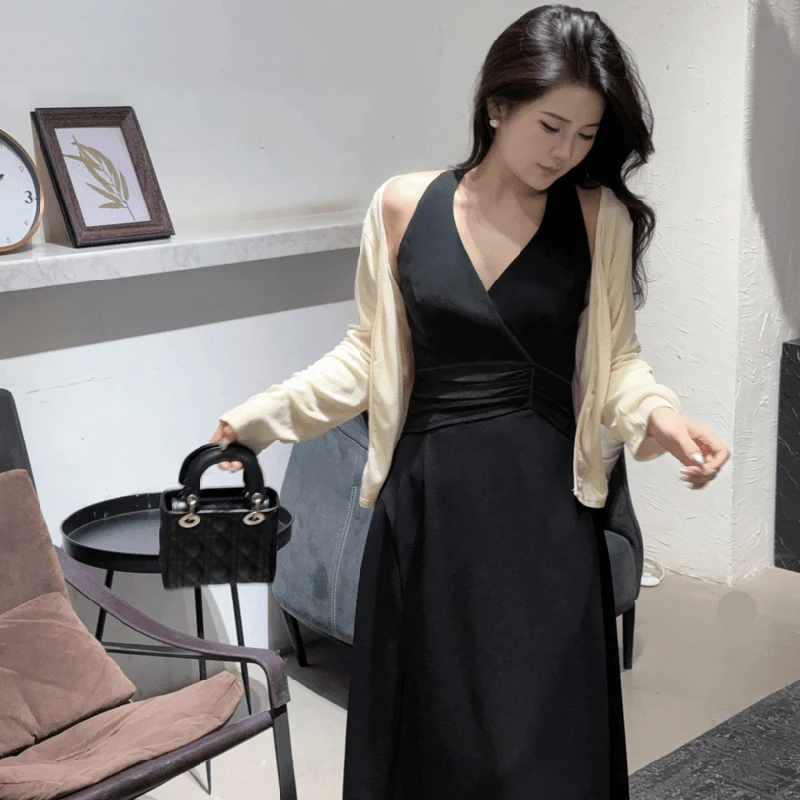 【两件套】2024黑色秋季时尚长袖修身显瘦气质复古连衣裙1981