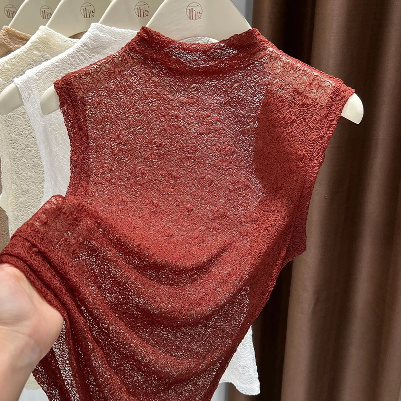 温柔蕾丝假领子女秋冬季半高领无袖叠穿毛衣内搭背心网纱打底上衣