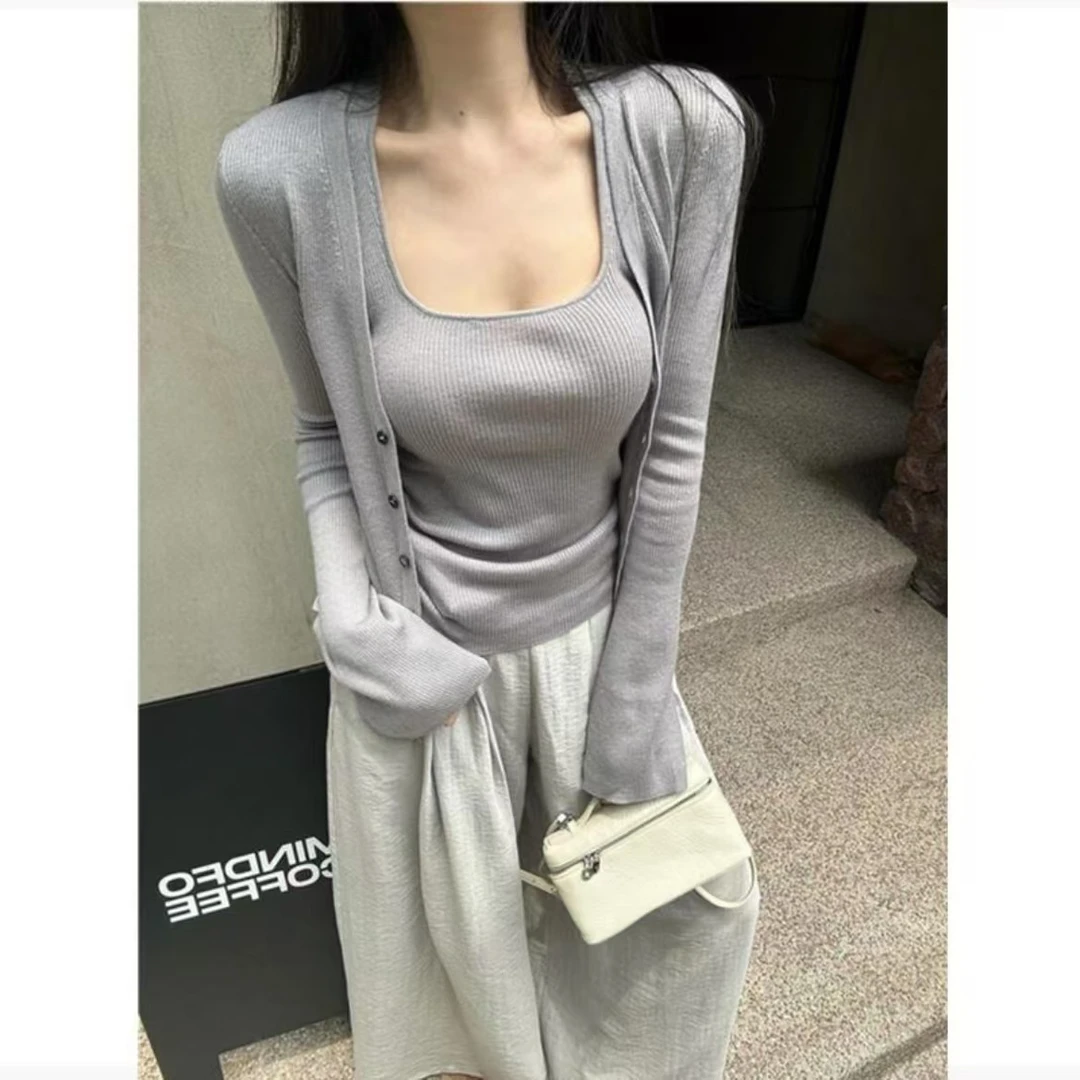 慎拍//外套女秋季长袖薄款挂脖背心紫色设计感两件套装上衣