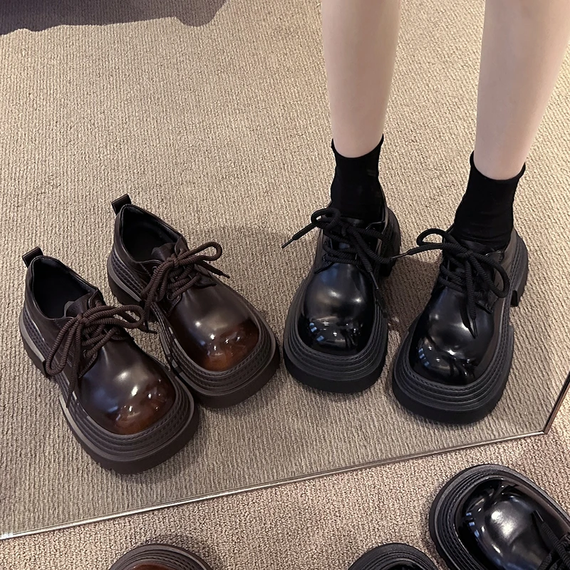 英伦风百搭乐福鞋女2025春秋新款擦色厚底小个子增高系带圆头单鞋