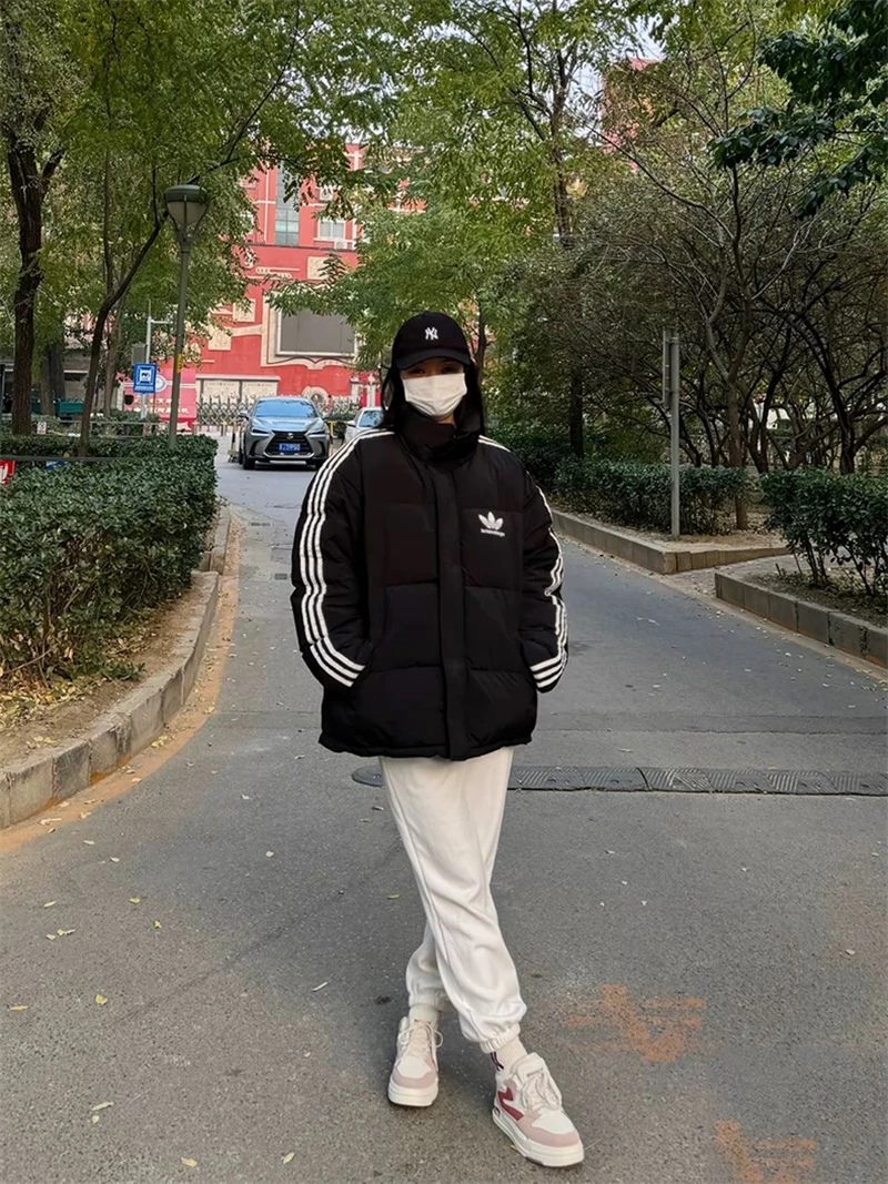 【奥莱撤柜】巴家连名男女同款羽绒棉服外套经典三条杠宽松面包服