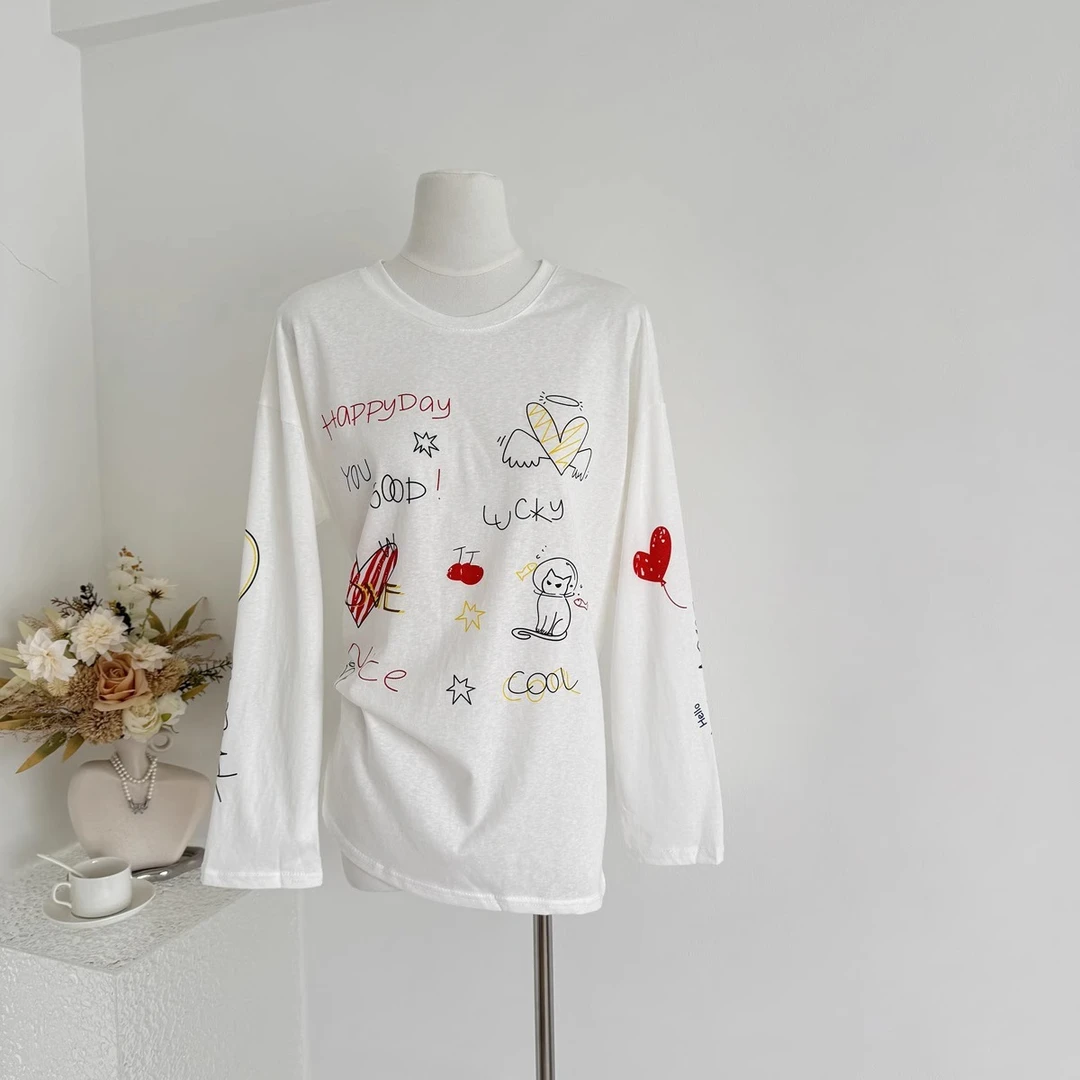 雪花棉T恤女2025新款宽松大码显瘦长袖时尚百搭圆领印花色202