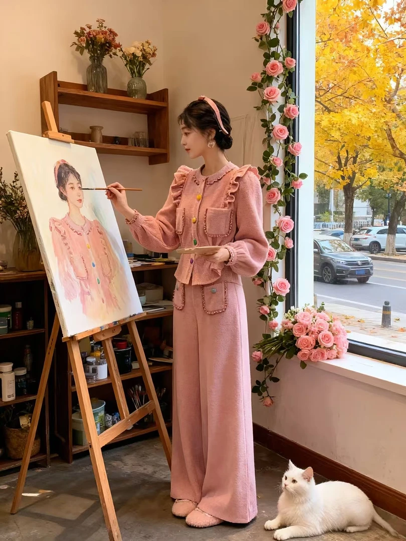 671-4#粉色荷叶边长袖衬衫阔腿裤女2025秋冬款公主风甜美套装