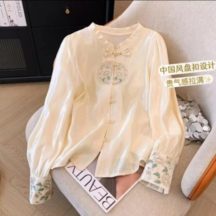 刺绣盘扣木耳领衬衫2025春款复古高端名媛气质薄款上衣女装外套