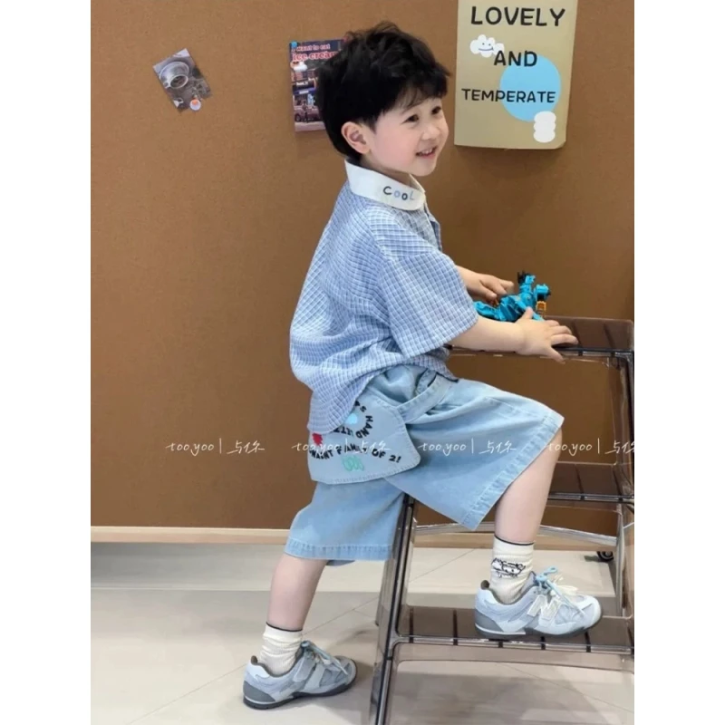 男童韩版套装夏季2025新款儿童格子衬衫百搭涂鸦屁帘牛仔裤两件套