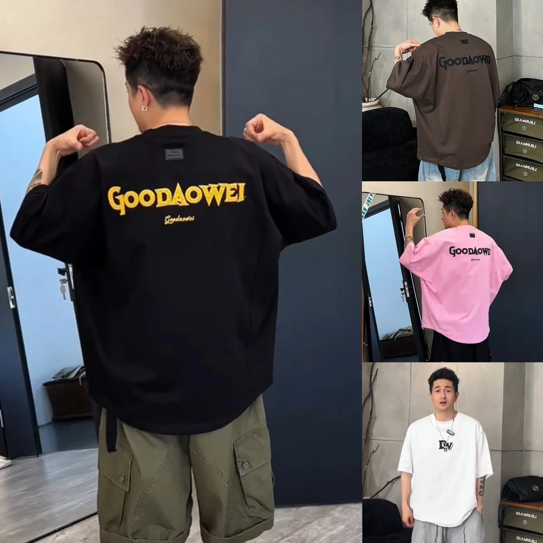 到位男装25ss春夏300g美式休闲时尚百搭简约字母蝙蝠短袖T恤Y8022