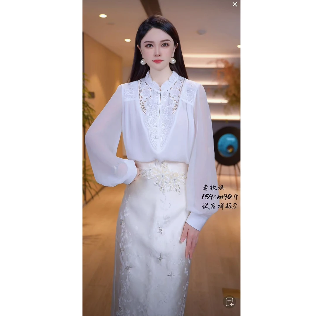 【深圳米熙儿】桑蚕丝镂空刺绣拼接衬衣衬衫Y225