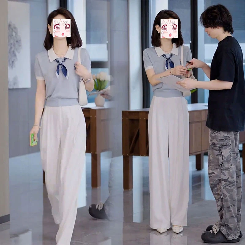 法式温柔风时尚撞色翻领短袖针织衫垂感显高休闲裤子夏季两件套装