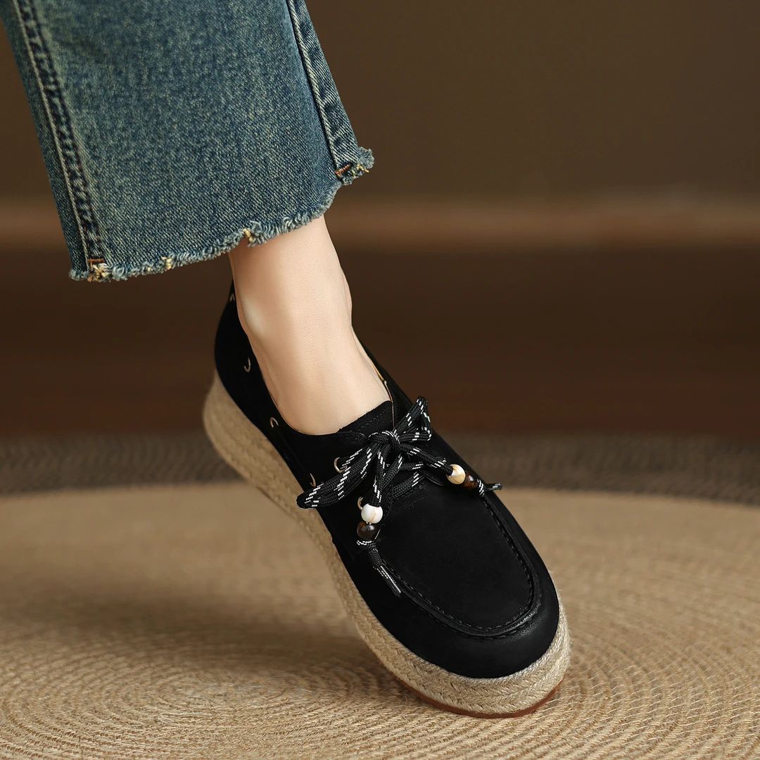 不累脚手工女鞋5cm~黑色复古单鞋深口英伦风勃肯鞋系带坡跟乐福鞋