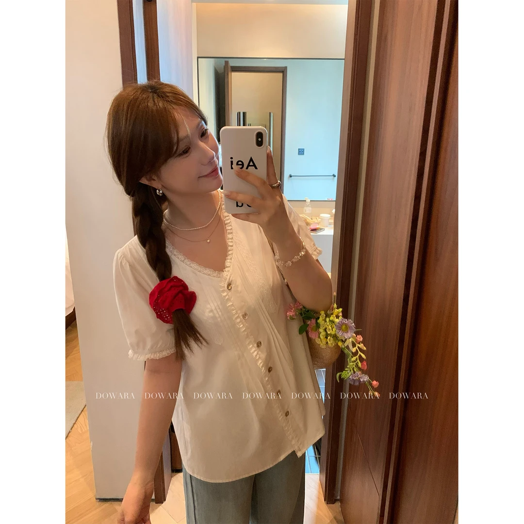 现货大婉酱微胖定制【白莲花】浪漫V领上衣女夏季清新宽松小衫8472D