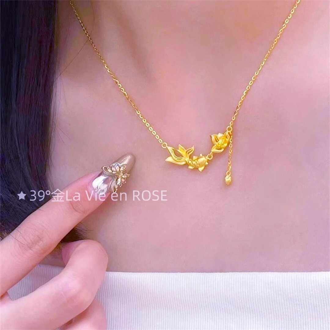 铜合金项链 古法24k如意莲花锦鲤项链女高质感首饰锁骨链礼物