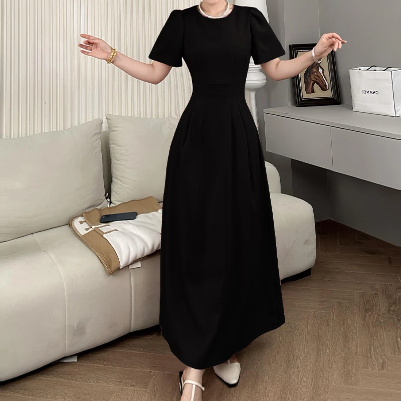 黑色短袖小黑裙女夏季法式气质圆领收腰显瘦A字长裙小个子连衣裙