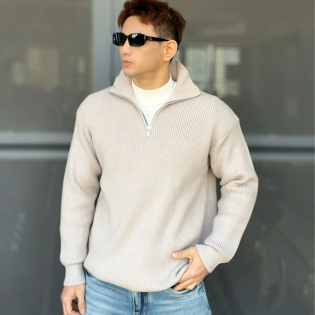 拉链高领毛男士衫休闲毛衣纯色百搭时尚厚款针织衫翻领冬季加厚