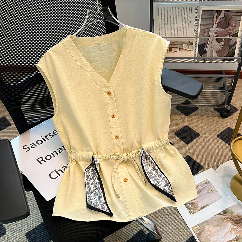韩系显瘦气质V领系带收腰无袖衬衫女夏款排扣设计感小衫上衣洋气