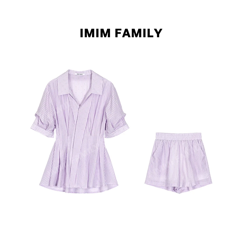 “甜心派”法式条纹两件套装休闲V领泡泡袖衬衫松紧高腰套装