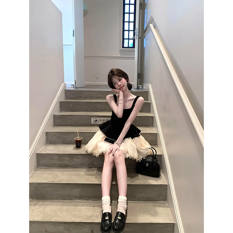 2025新款女士夏季法式气质黑色方领吊带背心高腰显瘦半身裙