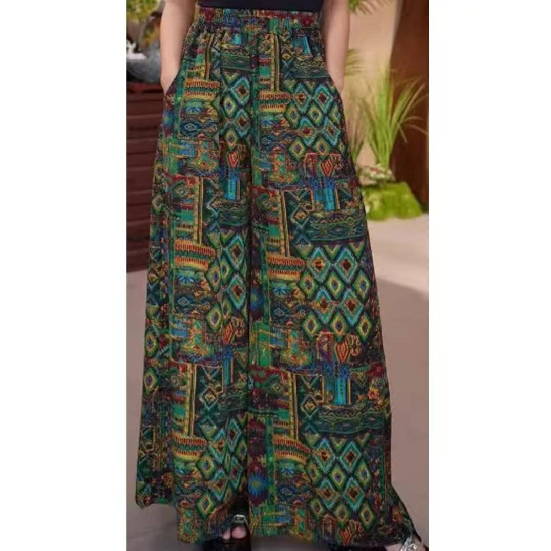 257新款孔雀绿花波西米亚风阔腿裤