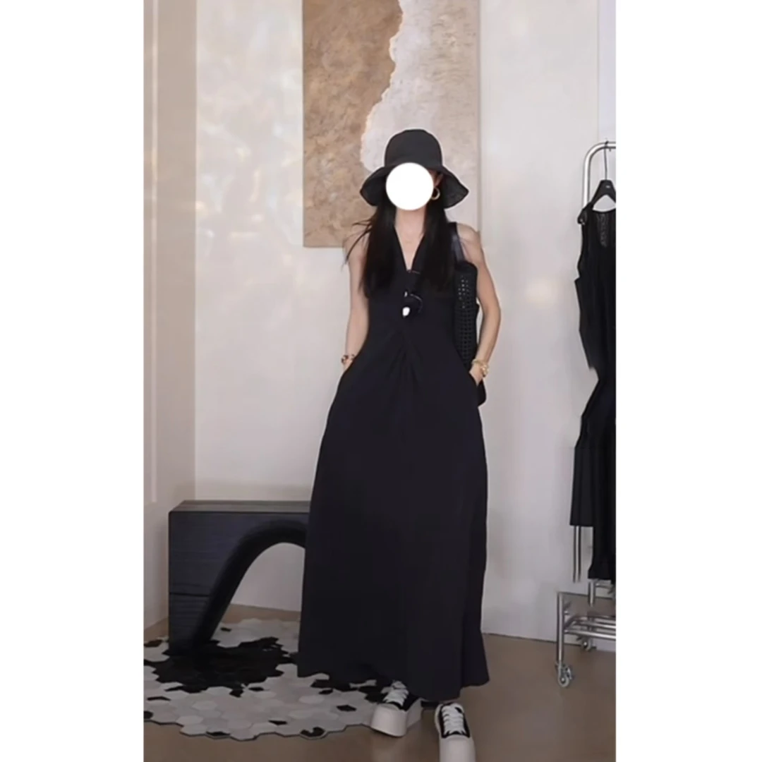 YY赫本风无袖连衣裙女气质v领收腰长裙新款女装显瘦背心裙379