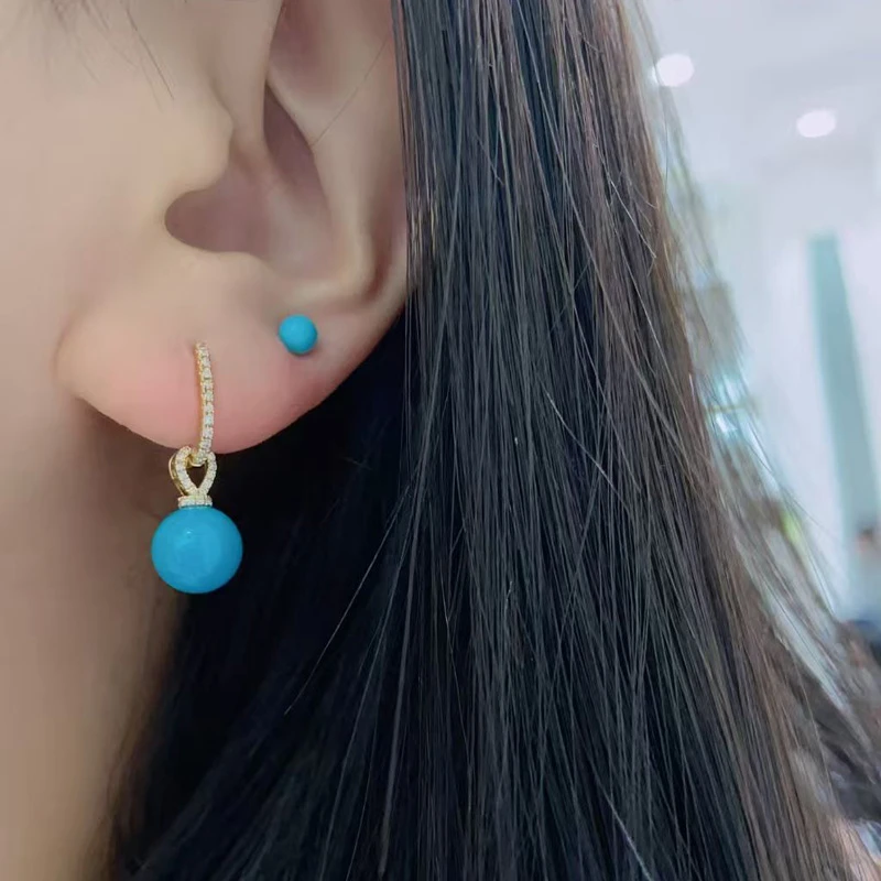 绿松石耳坠高瓷蓝圆珠耳坠18k金镶美松简约绿松石耳饰耳钉耳环