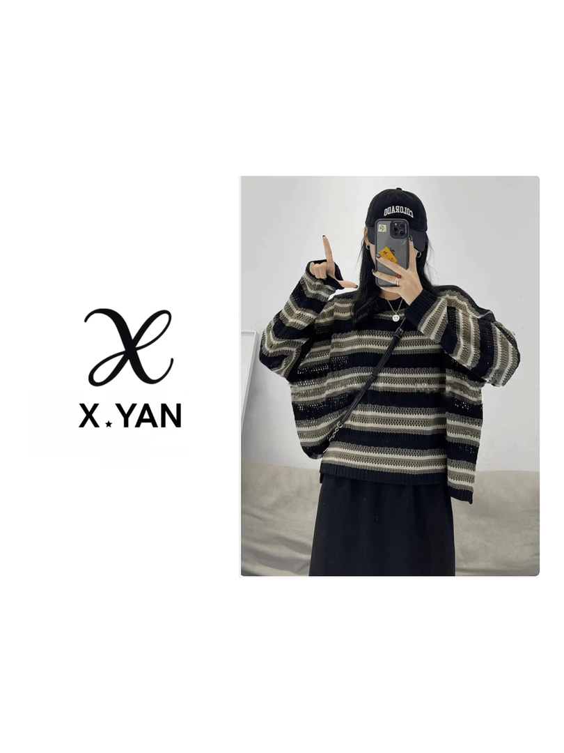 625条纹撞色复古针织毛衣女休闲慵懒风宽松上衣CF2505