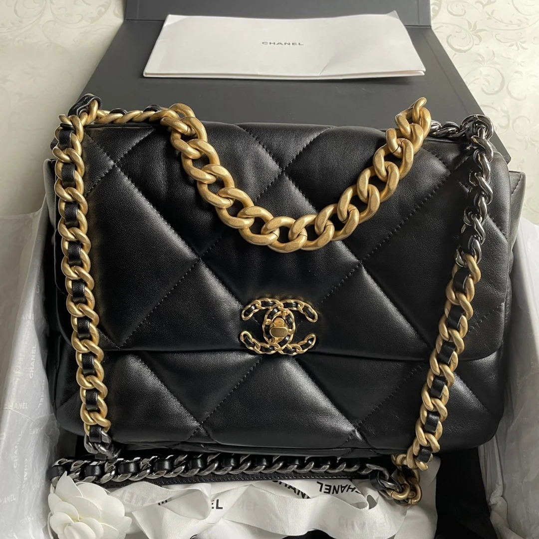 95新 Chanel/香奈儿 艾瑟尔中古/黑金中号19bag单肩包/3008