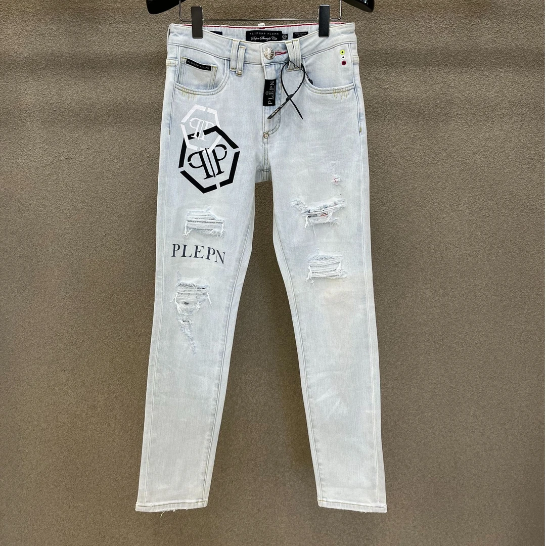 PLIPHPP PLEPN小熊印花锥形直筒时尚男士薄款弹力牛仔裤破洞 9971