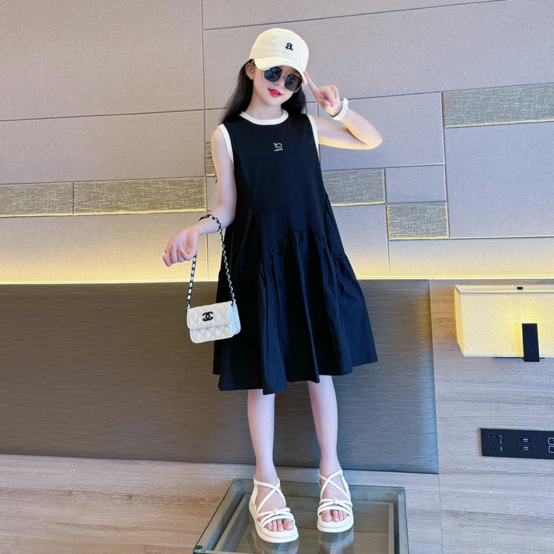 女童连衣裙2025新款夏季高级感中大儿童无袖黑色裙子洋气女孩夏装