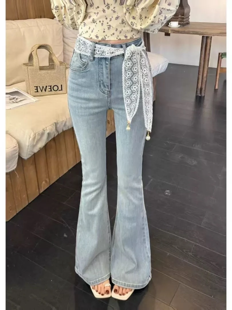 欧若风爆款浅蓝九分直通微喇裤女2025早春新款小清新小个子拖地裤