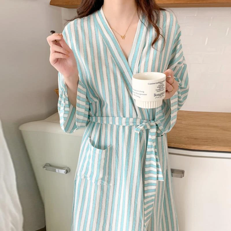 浴袍女款秋季新款睡袍纯棉长袖中长款条纹晨袍日系宽松睡衣家居服
