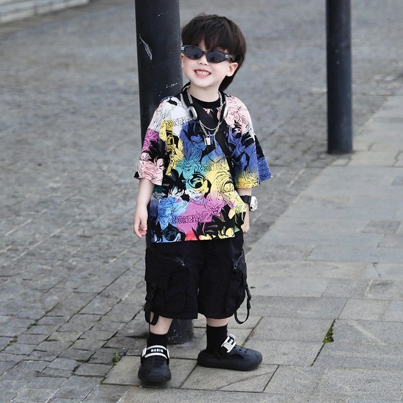 童装2025夏季新款韩版彩色七龙珠印花扎染短袖爆款时尚炸街两件套