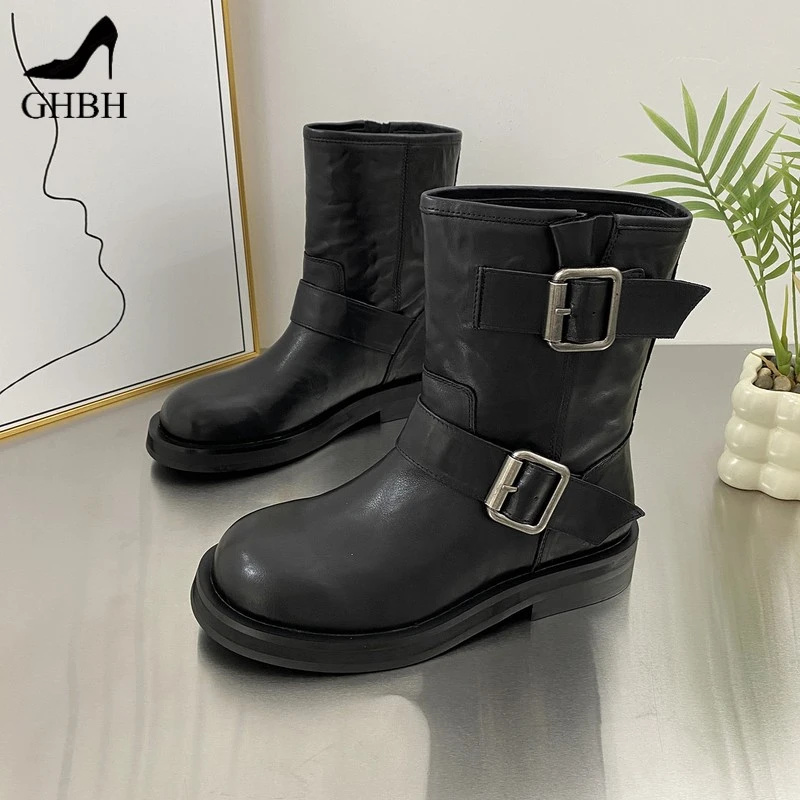 时尚品质头层简约皮带扣马丁靴女机车靴秋新款舒适切尔西短靴