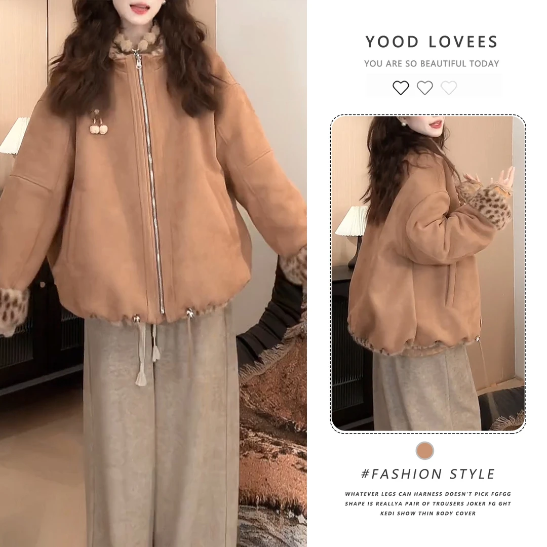 时尚软糯两面穿百搭气质短外套女冬季新款豹纹立领设计感宽松上衣