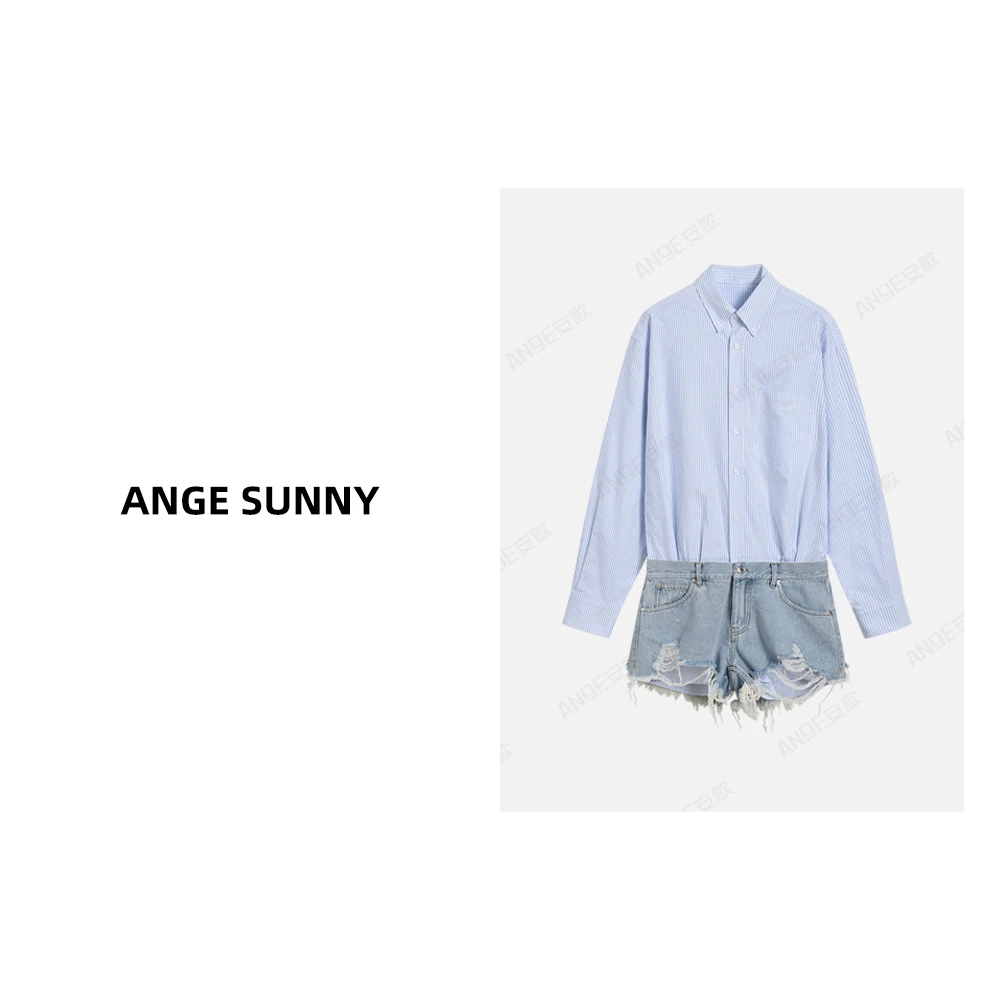 ANGE SUNNY【衬衫叠搭牛仔连体衣】条纹衬衫拼接连体牛仔短裤